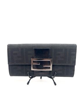 Authentic FENDI Zucca Logo Black Canvas x Leather Vintage Long Wallet EUC